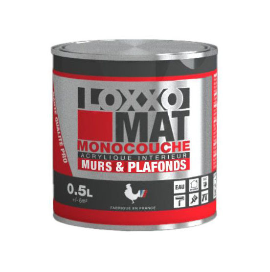Pot de peinture acrylique mate monocouche pour murs et plafonds, 0.5 L, idéale pour une application facile et rapide.