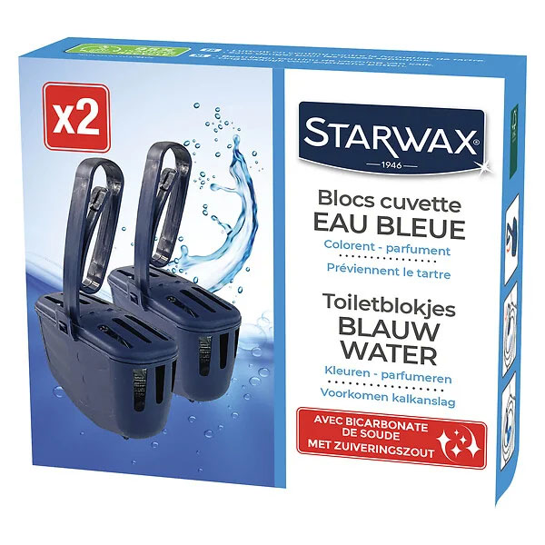 Blocs WC eau bleue pour cuvette, pack de 2 x 40g, nettoie et désodorise.