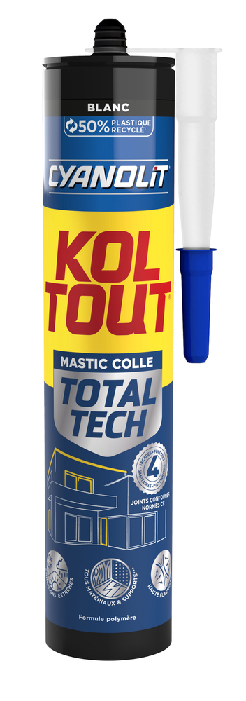 Mastic colle et joint Total Tech Construction blanc en cartouche de 290 ml pour fixation et étanchéité multi-matériaux.