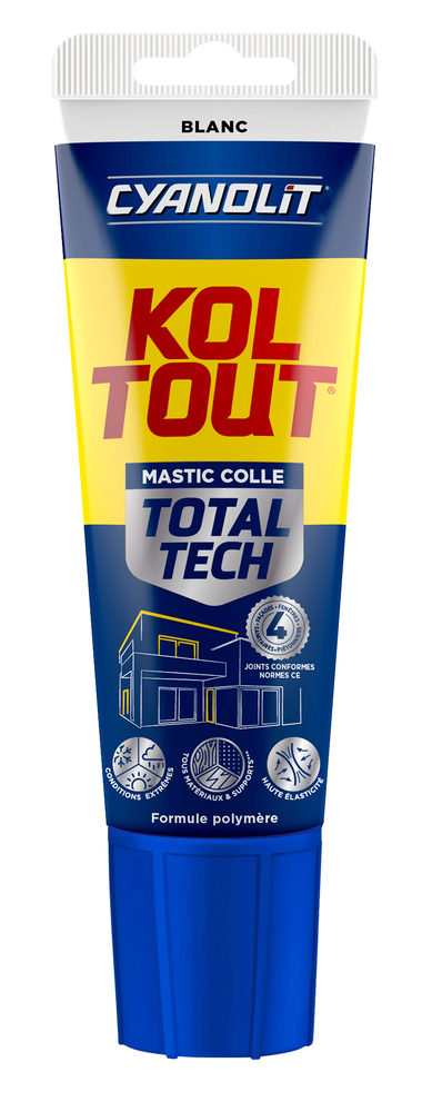Tube de mastic colle et joint Total Tech Construction blanc 125 ml, multi-usages et haute performance.