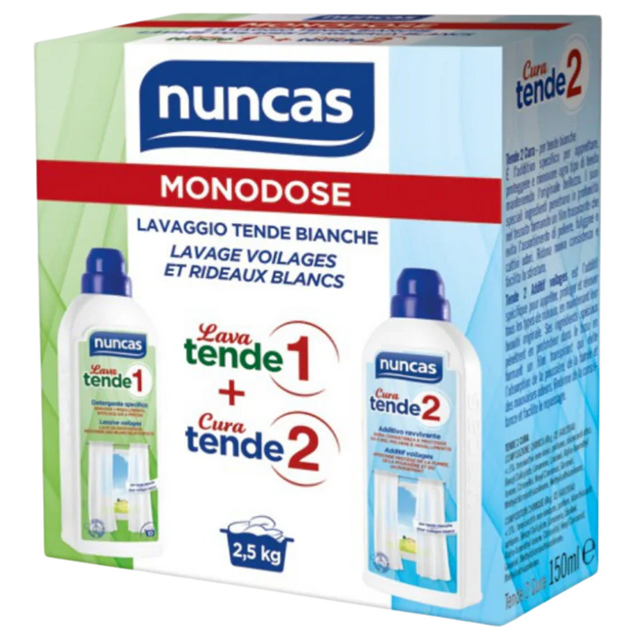Kit de lavage monodose 2en1 pour voilages et rideaux blancs, nettoie et ravive l'éclat