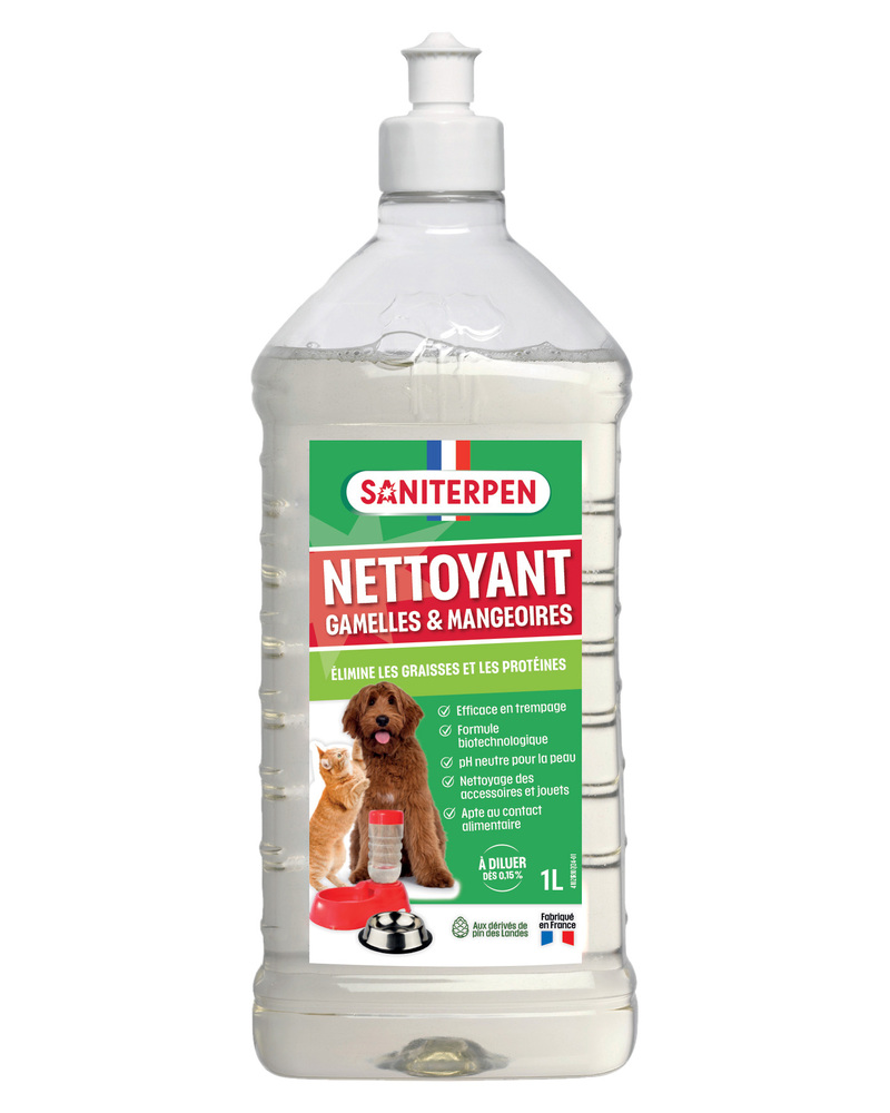 Bouteille de nettoyant dégraissant 1L pour gamelles et mangeoires d'animaux