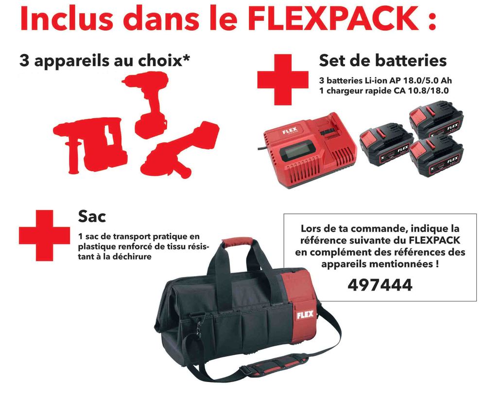 Pack FLEXPACK d'outillage électroportatif professionnel avec 3 appareils au choix (dont ponceuse), 3 batteries 18V, chargeur rapide et sac de transport.