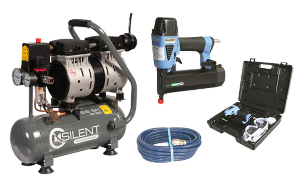 Ensemble compresseur d'air silencieux 6 litres, avec agrafeuse-cloueuse pneumatique et tuyau de 8 mètres.