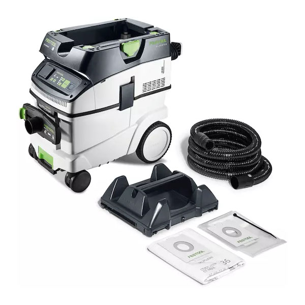 Aspirateur professionnel CLEANTEC CTL 36 EI AC-PLANEX avec décolmatage automatique et cuve de 36 litres, idéal pour ponceuse PLANEX.