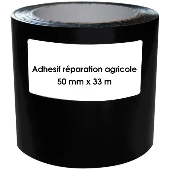 Rouleau d'adhésif de réparation agricole noir, résistant et étanche pour matériel extérieur.