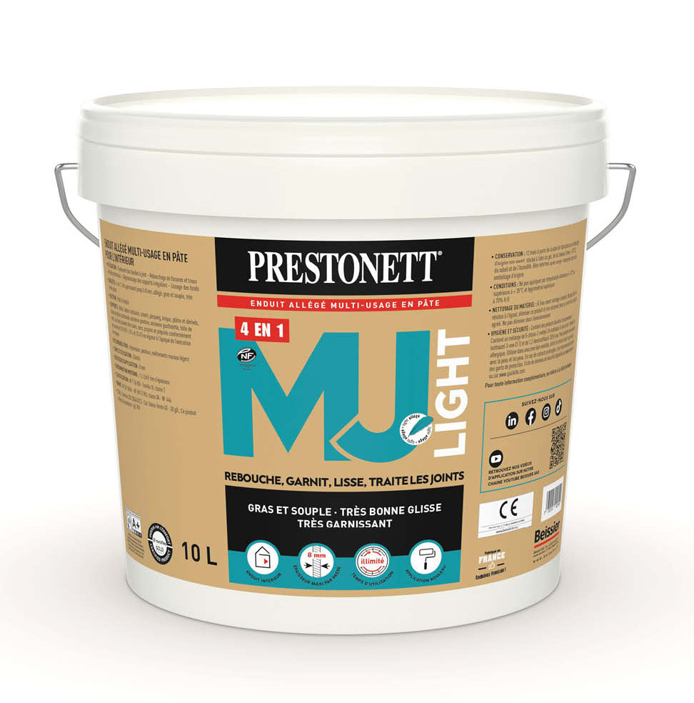 Enduit de rebouchage Prestonett MJ Light 10L, formule légère pour murs intérieurs