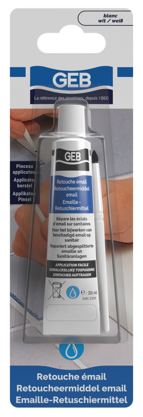Retouche Émail Blanc 20 ml, flacon pour la réparation d'éclats sur baignoire, lavabo et surfaces sanitaires.