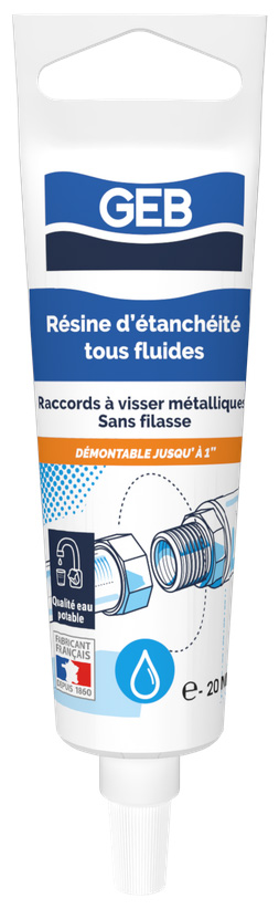 Résine étanche tous fluides en tube de 20 ml sous blister pour joints de plomberie et sanitaire.