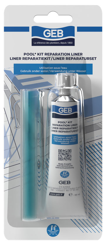 Kit de réparation de liner de piscine POOL, comprenant des patchs et de la colle étanche pour fuites et déchirures.