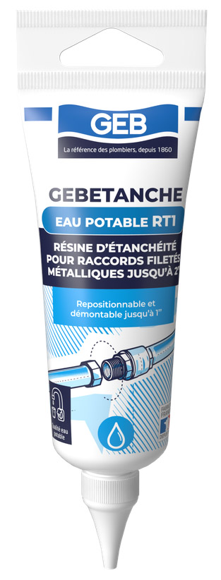 Gebetanche Eau Potable RT1 Tube 50 ml, mastic d'étanchéité pour raccords de plomberie, application facile.