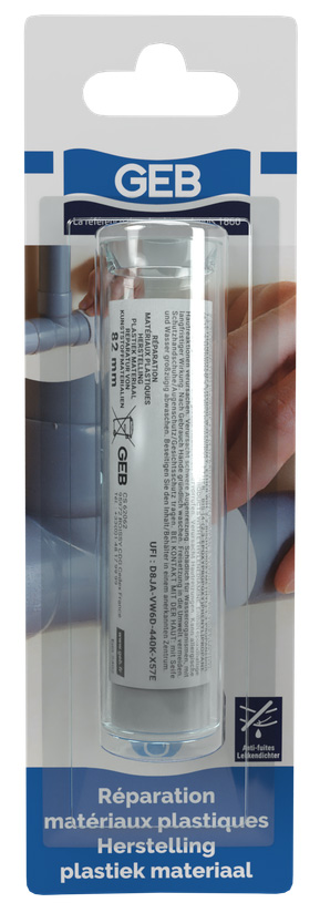 Mastic Epoxy Spécial Réparation Matériaux Plastiques de 82 mm, gris, pour une adhérence forte et rapide.