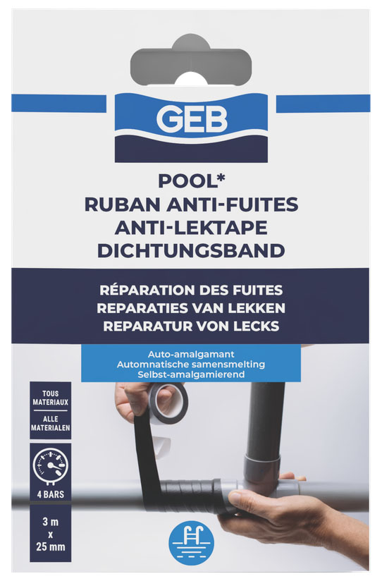 Ruban anti-fuites POOL pour piscine, auto-adhésif et étanche, présenté sous blister.