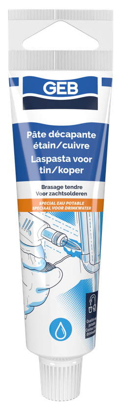 Pâte décapante pour soudure à l'étain et cuivre en tube de 50 ml, présentée sous blister protecteur pour plomberie.