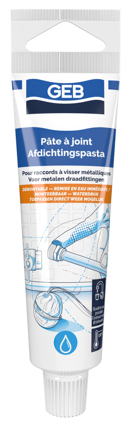 Pâte à joint blanche en tube de 50 ml pour l'étanchéité des raccords métalliques et eau potable.