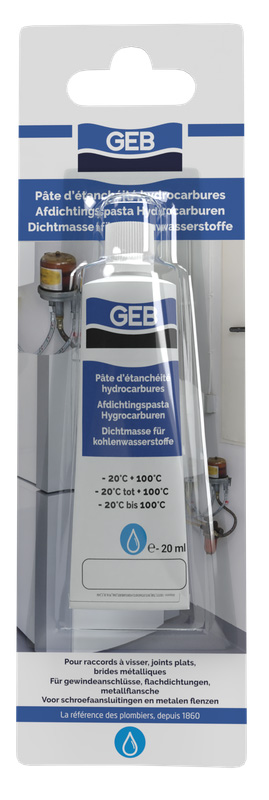 Pâte d'étanchéité hydrocarbures en tube de 20 ml sous blister pour joints de plomberie et sanitaire.