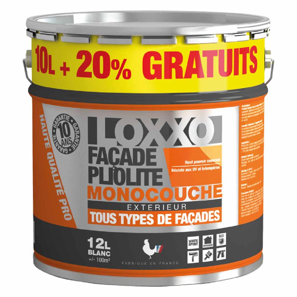 Pot de peinture Pliolite Monocouche 12L pour tous types de façades extérieures, résistante aux intempéries