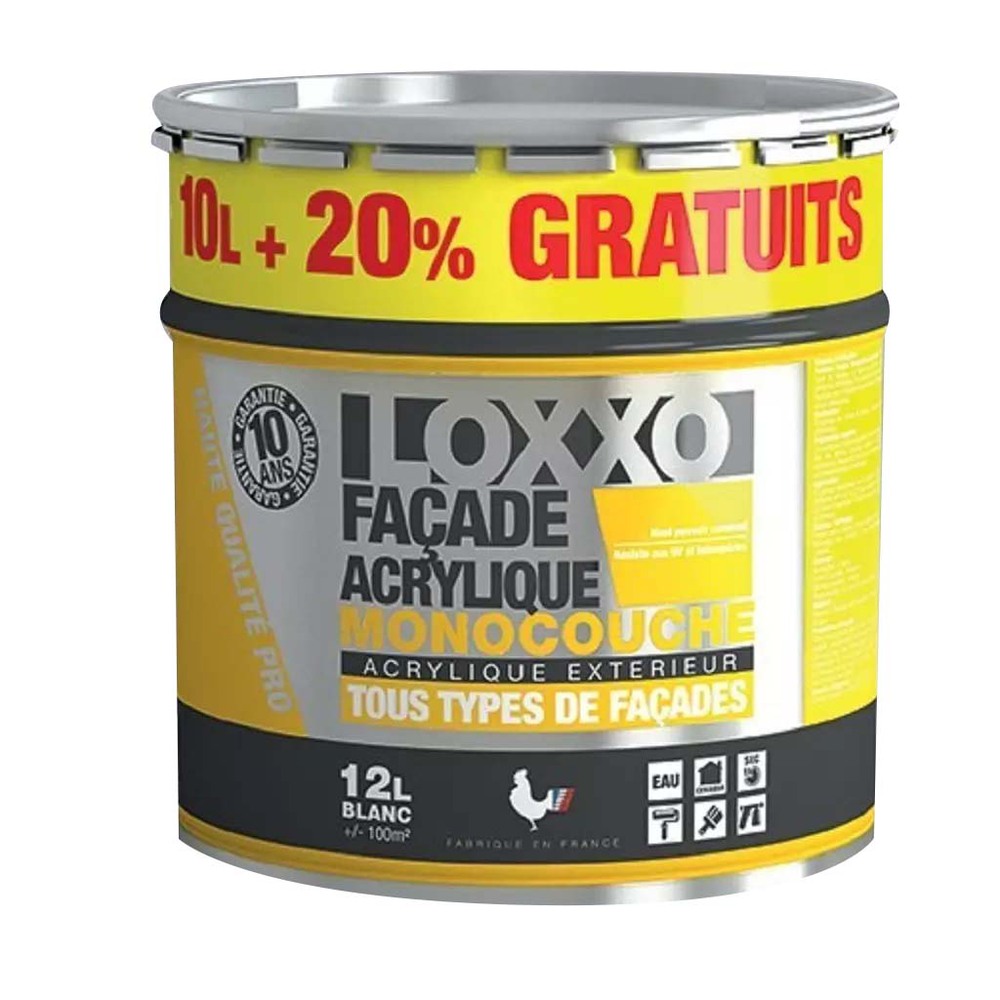 Peinture acrylique monocouche pour façades extérieures 12L, haute résistance aux intempéries
