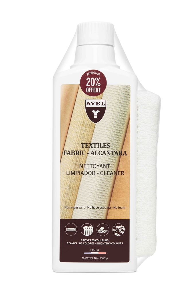 Nettoyant Spécial Textiles 500 ml avec 20% offert et gant en coton, idéal pour détacher et rénover le linge.