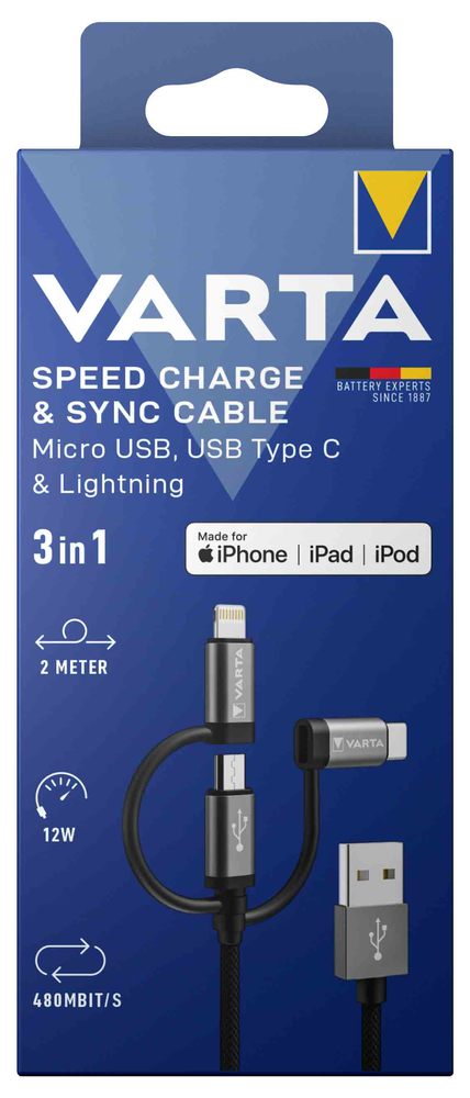 Câble de charge tressé USB-A 12W 3 en 1 noir multi-connecteurs