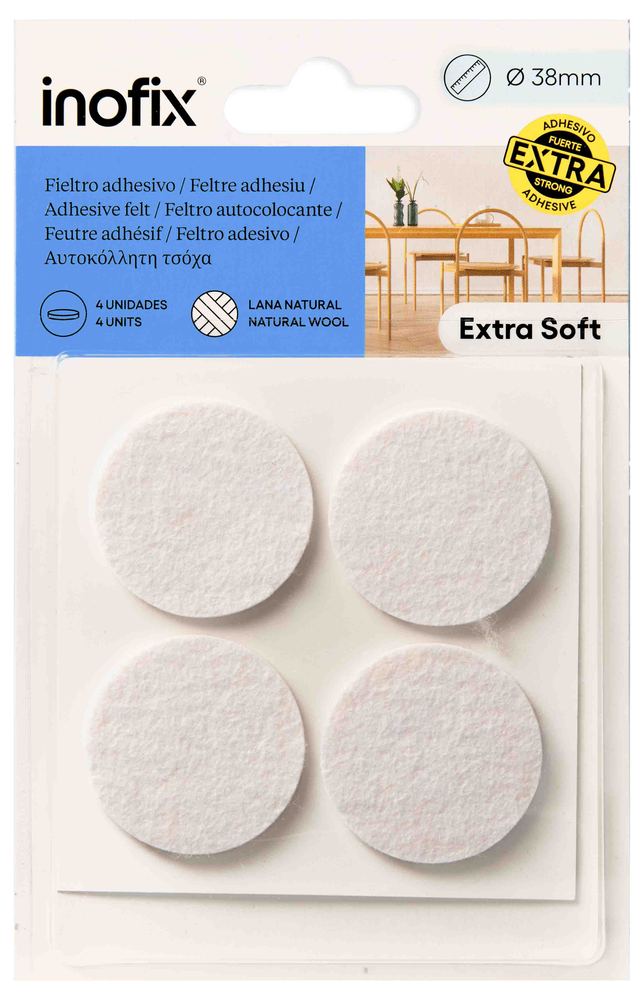 Feutres ronds adhésifs en laine blanche Ø38 mm (lot de 4), pour patins de chaises et protection de meubles