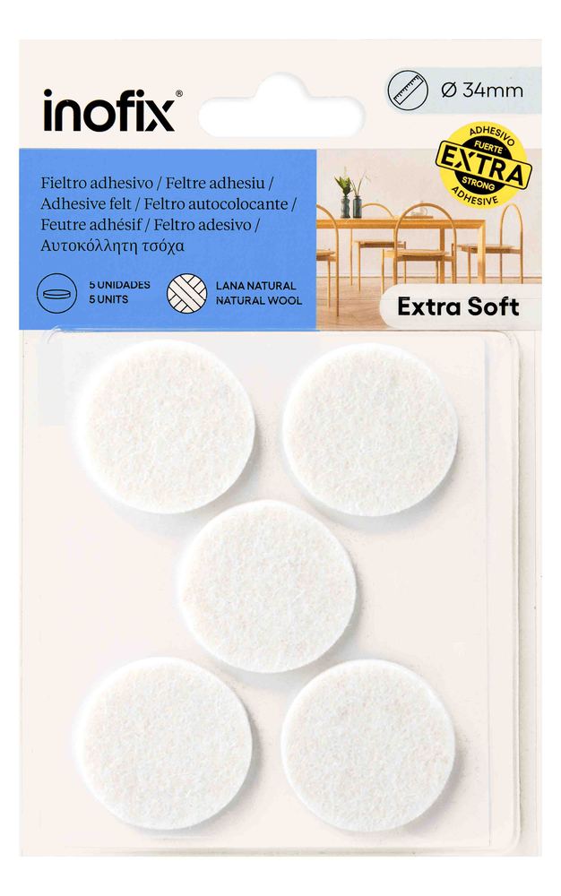 Patin feutre adhésif rond en laine blanc Ø34 mm pour chaises et meubles, lot de 5