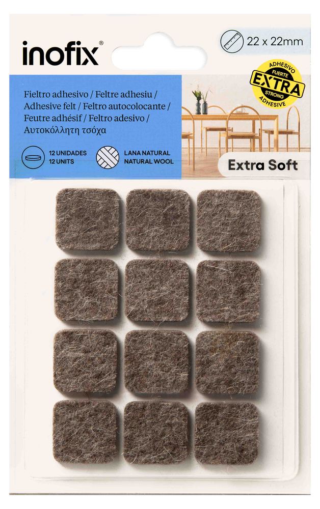 Patin feutre adhésif en laine marron carré 22x22mm, lot de 12, pour protection des sols et meubles