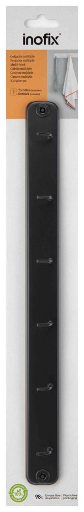 Support mural en métal 6 crochets noir mat de 37 cm