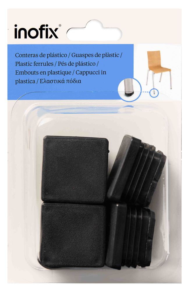 Lot de 4 embouts carrés en plastique noir pour pieds de chaises et meubles, protection anti-rayures.