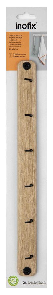 6 crochets métalliques sur support mural aspect bois de 37 cm