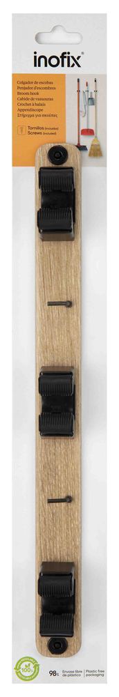 Support mural pour 3 balais aspect bois avec 2 crochets intégrés