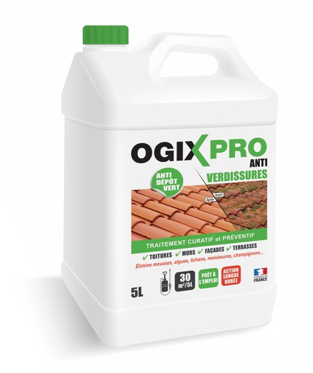 Ogix Pro Anti-Verdissures 5L, bidon de produit de nettoyage pour façades, toitures et terrasses.