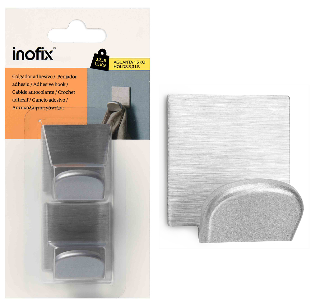 Crochets adhésifs x2 en acier inox chrome mat pour installation murale sans perçage
