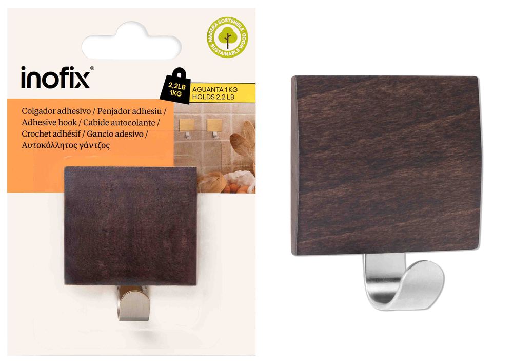 Crochet adhésif mural en inox acier et bois wengé pour cuisine