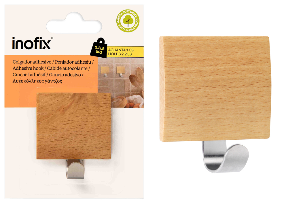 Crochet adhésif en Inox Acier et Bois Hêtre pour cuisine et salle de bain