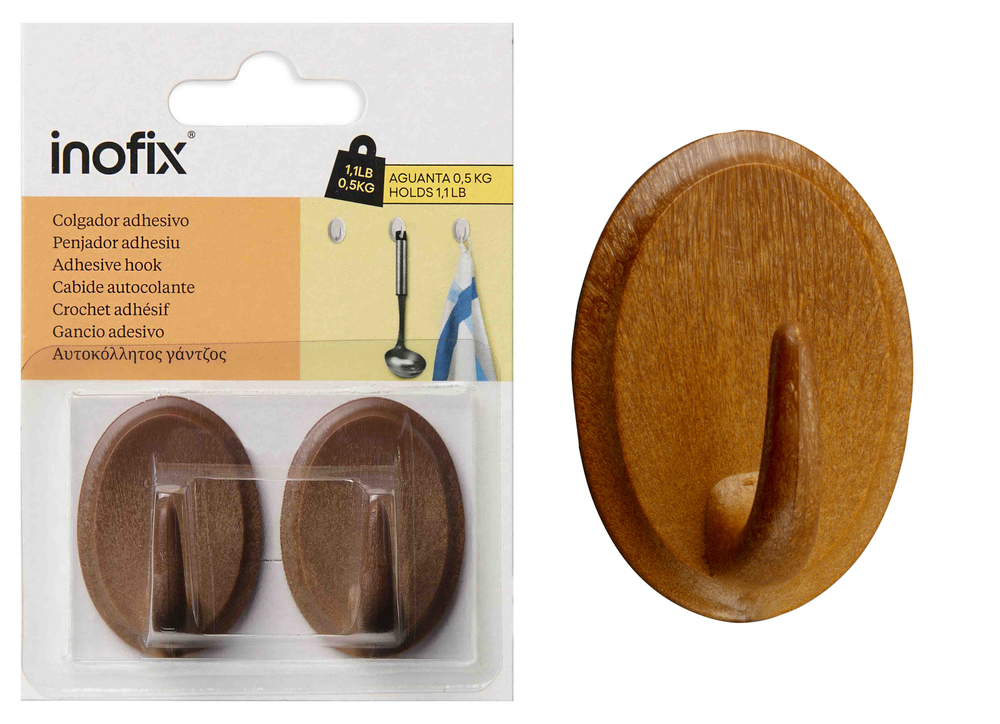 Lot de 2 crochets adhésifs ovales couleur bois pour cuisine, installation sans perçage