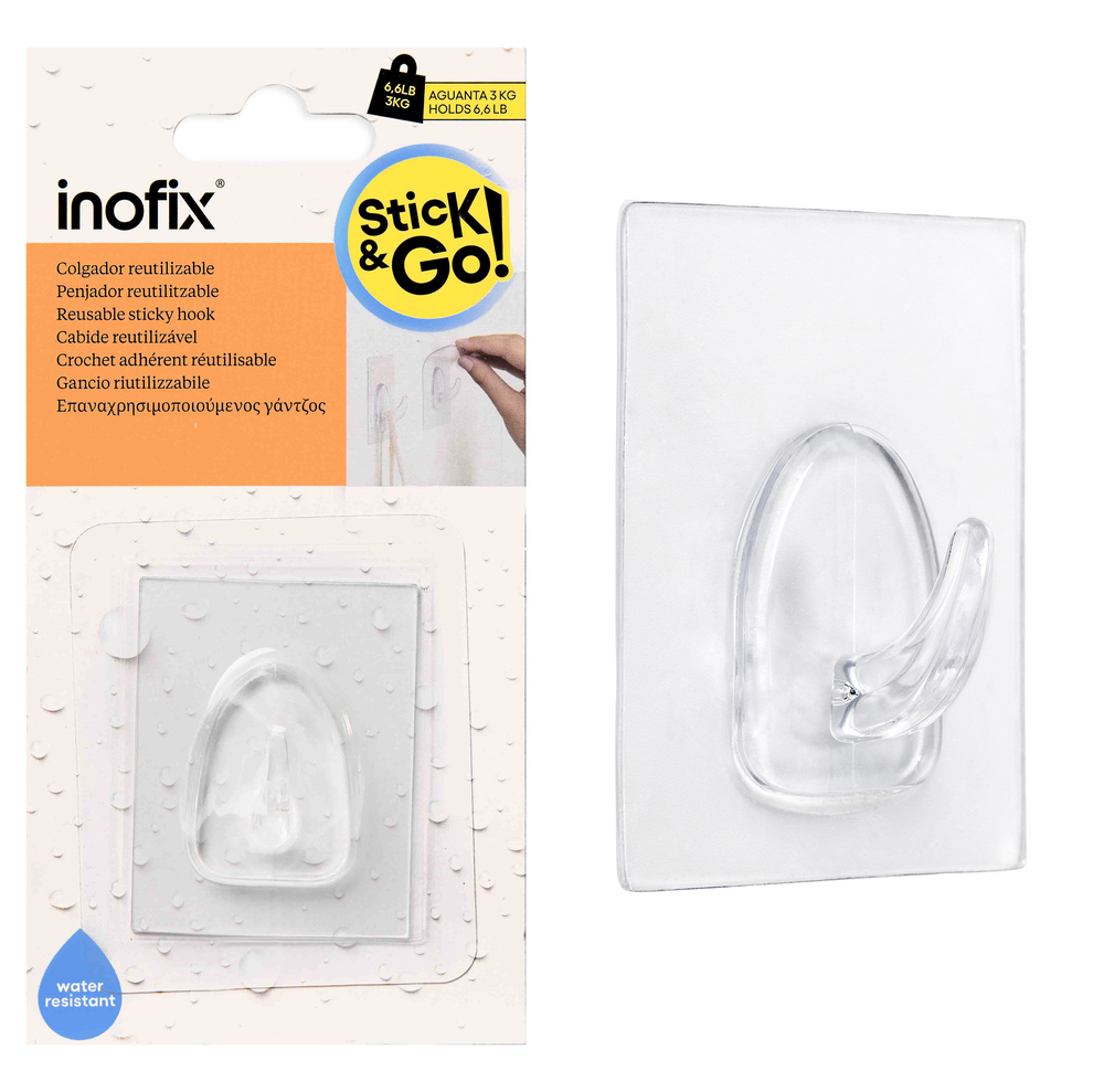 Crochet adhésif réutilisable petit modèle transparent pour suspendre ustensiles ou torchons de cuisine.