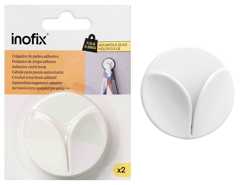 Deux supports muraux adhésifs ronds blancs pour torchons, diamètre 42 mm, installation facile sans perçage.