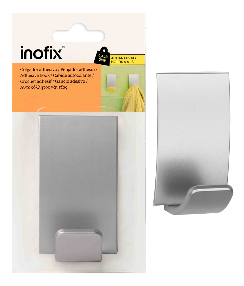 Portemanteau adhésif rectangulaire chrome mat pour accrocher serviettes et vêtements.