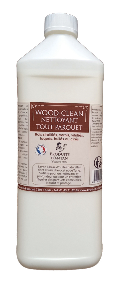 Bouteille de nettoyant WOOD-CLEAN 1L pour tous types de parquets, action nettoyante et protectrice.