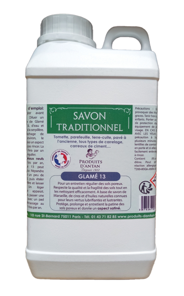 Savon naturel GLAMÉ 13, bouteille 1L, pour le nettoyage et la protection des tomettes, terre-cuite et carreaux de ciment.