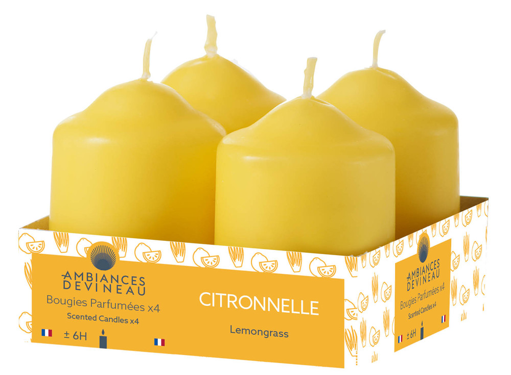 Lot de 4 bougies citronnelle D38 H56 en barquette, anti-moustiques pour l'extérieur.