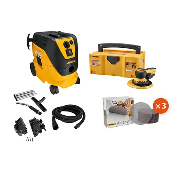 Ponceuse professionnelle Mirka DEROS II 750CV Premium en pack avec aspirateur 1230 L AFC et accessoires.
