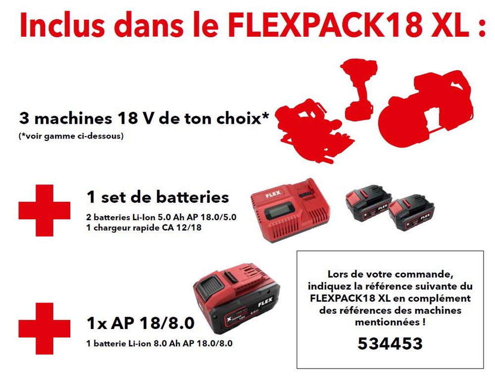 Kit électroportatif FLEXPACK18 XL comprenant 3 outils 18V au choix (perceuse-visseuse, visseuse à percussion), 1 batterie 8Ah, 2 batteries 5Ah et un chargeur rapide pour le bâtiment.