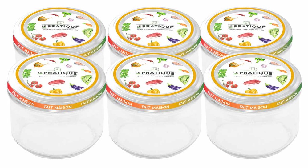 Lot de 6 bocaux Le Pratique en verre transparent de 200 ml avec couvercles, diamètre 82 mm, pour la conservation alimentaire.