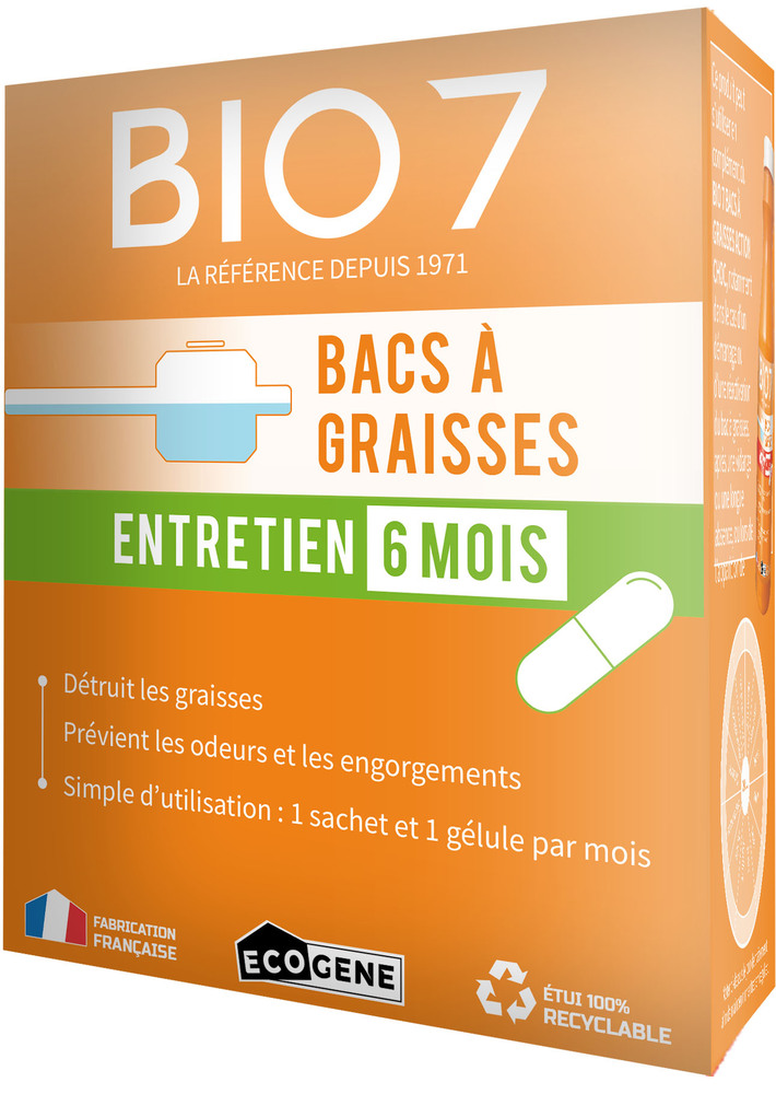 Activateur de fosses et bacs à graisses Bio7 Entretien 6 Mois, 480g, à base d'enzymes et micro-organismes