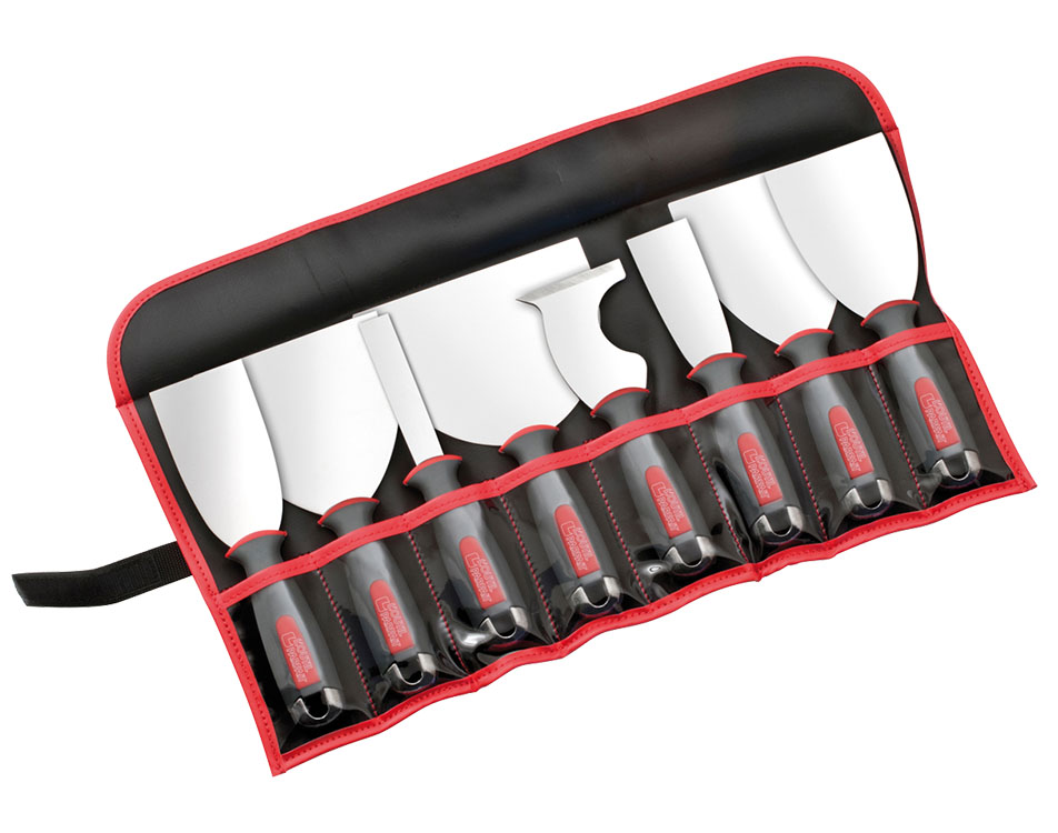 Trousse Plaquiste Alu-Choc avec couteaux et spatules pour les finitions d'enduit et la pose de plaques de plâtre.