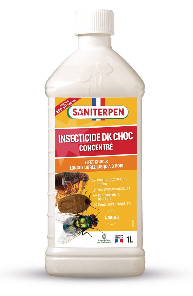 Flacon d'insecticide DK Choc Concentré TP18 pour l'élimination rapide de tous les insectes nuisibles au jardin et en extérieur.