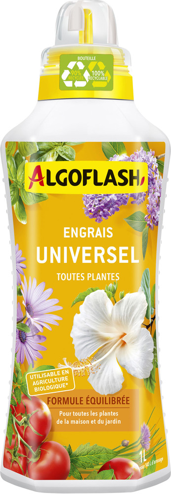 Engrais Universel Liquide UAB 1L pour jardinage biologique, favorise la croissance des plantes.