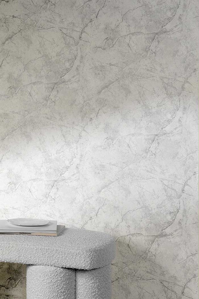 A78001 - Papier Peint Vinyle Sur Intissé Motif Marbre Blanc/Argent 10.05 x 0.53 m